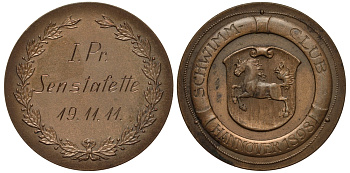 Германия медаль 1911 I место в соревнованиях по плаванию в Ганновере, 33,3 мм, 18,3 гр бронза 1082-6-12