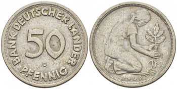ФРГ 50 пфеннигов 1949 G KM 104, J. 379 медно-никель 112-942