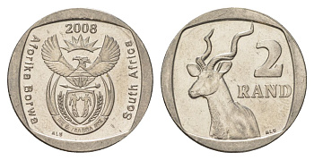 ЮАР 2 ранда 2008 KM 445 медь плакированная никелем UNC 4628-224
