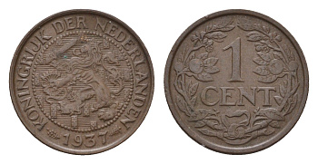 Нидерланды 1 цент 1937 Вильгельмина (1890-1948) KM 152 бронза 4611-1169