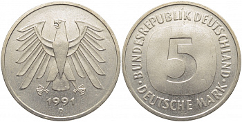 ФРГ 5 МАРОК 1991 D, J. 415, KM 140.1 медно-никель плакированный никелем UNC 109-914