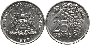 Тринидад и Тобаго 25 центов 1993 цветок дикая пуансеттия KM 32 медно-никель 4577-1253
