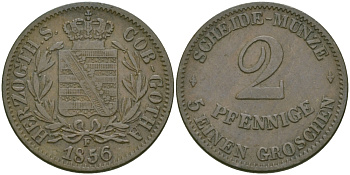 Саксен-Кобург и Гота 2 пфеннига 1856 F, Эрнст II (1844-1893) KM 110 медь 99-743