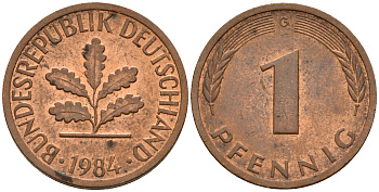 ФРГ 1 пфенниг 1984 G KM 105, J. 380 сталь плакированная медью    4598-631