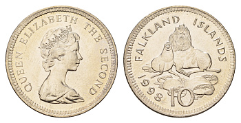Фолклендские острова (Фолкленды) 10 пенсов 1998 Елизавета II (1952-2022), южные морские котики KM 5.2 медно-никель  UNC  4675-544