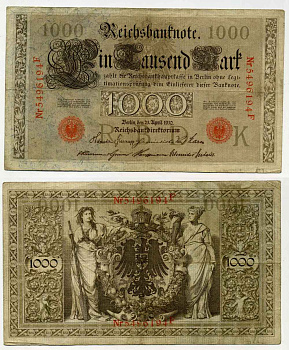 ГЕРМАНИЯ 1000 МАРОК 1910 КРАСНАЯ ПЕЧАТЬ, 7 ЦИФР В НОМЕРЕ Pick 44b бумага 8589-53-3-2