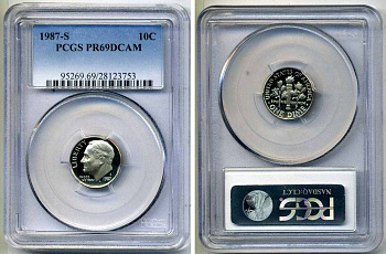США 10 центов (дайм) 1987 S, президент Рузвельт, в слабе PCGS PR69CAM KM 195а медь плакированная медно-никелем PROOF 15-002-08