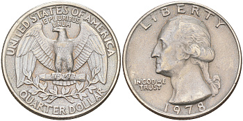 США 25 центов (квотер) 1978 Вашингтон KM A164a медь плакированная медно-никелем 190-325