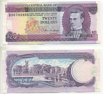 БАРБАДОС 20 ДОЛЛАРОВ 1993 ПОДПИСЬ SPRINGER, САМУЭЛЬ ДЖЕКМАН ПРЕСКОД Pick 44 бумага VF-XF 7457-17-1