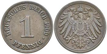 ГЕРМАНИЯ 1 ПФЕННИГ 1909 A KM 10, Jager. 10, Weege 2 медь 4528-1254