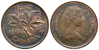 Канада 1 цент 1981 Елизавета II (1952-2022), кленовый лист KM 127 бронза 54-944
