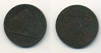 БЕЛЬГИЯ 2 САНТИМА 1863 BELGES KM 4.2 медь 35-1456