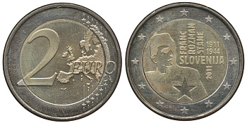 СЛОВЕНИЯ 2 ЕВРО 2011 100 ЛЕТ СО ДНЯ РОЖДЕНИЯ ФРАНЦА РОЗМАНА - СТАНЕ KM 100 биметалл UNC 3856-724