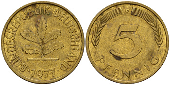 ФРГ 5 пфеннигов 1977 G J.382, KM 107 сталь плакированная латунью    4598-964