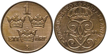 Швеция 1 эре 1950 Густав V (1907-1950), в лаке KM 777.2 бронза 201-1143