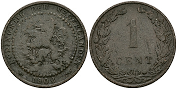 НИДЕРЛАНДЫ 1 ЦЕНТ 1906 ВИЛЬГЕЛЬМИНА (1890-1948) KM 132.1 бронза 176-639