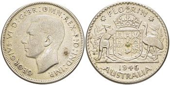 Австралия 1 флорин 1946 Георг VI (1936-1952), герб Австралии KM 40а серебро 4512-1225