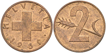 Швейцария 2 раппена 1969 KM 47 бронза 4543-416