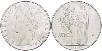 ИТАЛИЯ 100 ЛИР 1973 R, АФИНА, ДИАМЕТР 28 ММ. KM 96.1 нержавеющая сталь 4512-315