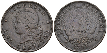 Аргентина 2 сентаво 1891 голова свободы влево KM 8 бронза 177-411