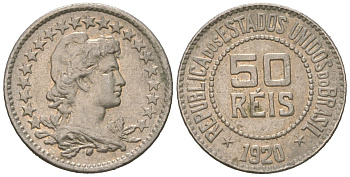 Бразилия 50 рейс 1920 редкий год - тираж 72.000 экземпляра KM 517 медно-никель 4615-613