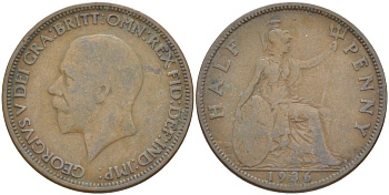 Великобритания 1/2 пенни 1936 Георг V (1910-1936) KM 837, Spink 4058 бронза 4514-1152