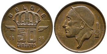 БЕЛЬГИЯ 50 САНТИМОВ 1956 BELGIE KM 149.1 бронза 4383-1128