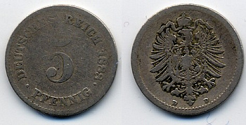 ГЕРМАНИЯ 5 ПФЕННИГОВ 1888 D, СТАРОГЕРБОВКА KM 3, J. 3 медно-никель 51-5034