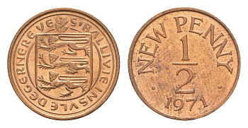 Гернси 1/2 нового пенни 1971 Елизавета II (1952-2022), герб KM 20 бронза UNC 4655-934