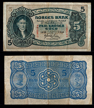 Норвегия 5 крон 1939 Вильгельм Фриман Корен Кристи (1-й председатель норвежского парламента) Pick 7 c бумага 451-1227-3