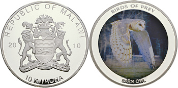 Малави 10 квача 2010 хищные птицы, сова сипуха, цветная эмаль, диаметр 50 мм PROOF 05-089-12