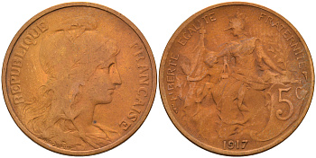 Франция 5 сантимов 1917 тип Дюпюи KM 842 бронза 4116-444