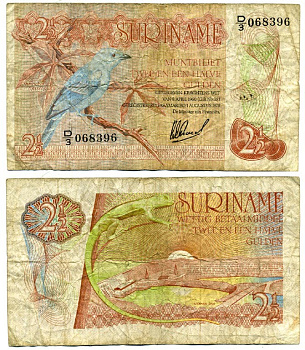 Суринам 2 1/2 гульдена 1978 голубая танагра, дамба Pick 118b бумага 000-00-00