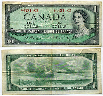 Канада 1 доллар 1954 ПОДПИСИ BEATTIE & RASMINSKY, BABNC Pick 75 b бумага 7457-48-1-1