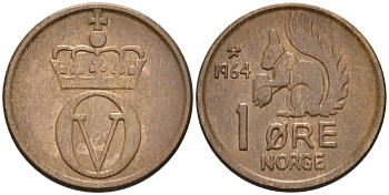 Норвегия 1 эре 1964 белка, Улаф V (1958-1991) KM 403 бронза аUNC 4580-944