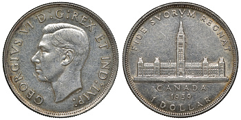 Канада 1 доллар 1939 Королевский визит в Оттаву, парламент, Георг VI (1936-1952) KM 38 серебро 4044-1411