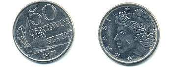 Бразилия 50 сентаво 1977 голова свободы влево KM 580b нержавеющая сталь UNC 86-1047