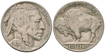 США 5 центов 1935 индеец, бизон KM 134 медно-никель 4614-1216