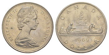 Канада 1 доллар 1969 Елизавета II (1952-2022), каноэ KM 76 никель UNC 4185-332