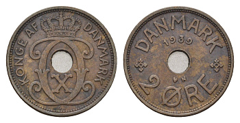 Дания 2 эре 1939 N, Кристиан X (1912-1947) KM 827 бронза 4701-918