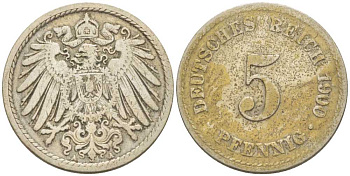 ГЕРМАНИЯ 5 ПФЕННИГОВ 1900 A KM 11, J. 12, Weege 6 медно-никель 206-926