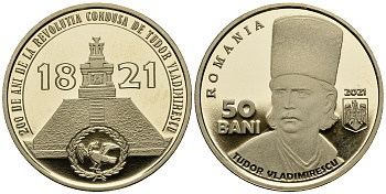 Румыния 50 бани 2021 200 лет со дня Валашского восстания 1821 года, Тудор Владимиреску KM NEW никель латунь  PROOF  M56-18