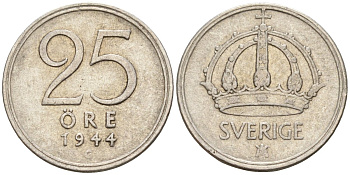 Швеция 25 эре 1944 G, Густав V (1907-1950) KM 816 серебро 4147-959