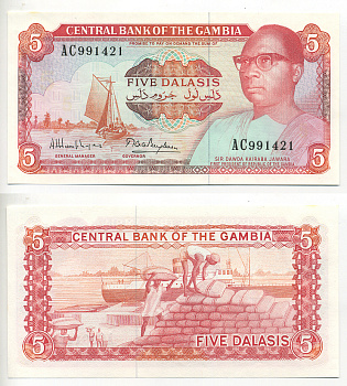 Гамбия 5 даласи ND (1987-1990) Дауда Кайраба Джавара, парусник Pick 9 a бумага UNC (пресс) 6278-49-1