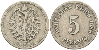 ГЕРМАНИЯ 5 ПФЕННИГОВ 1888 А, СТАРОГЕРБОВКА KM 4, J. 4, Weege 5 медно-никель 4181-525