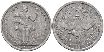 Французская Новая Каледония 2 франка 1977 птица кагу, (IEOM) KM 14, Schoen 11, Lec 58 алюминий    08-834