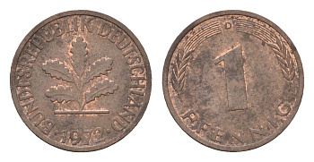 ФРГ 1 пфенниг 1972 D KM 105, J.380 сталь плакированная медью 4618-625