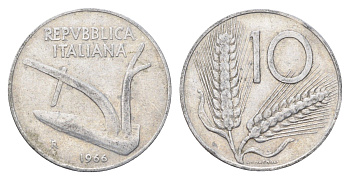 Италия 10 лир 1966 R, плуг, колосья KM 93 алюминий 4704-535
