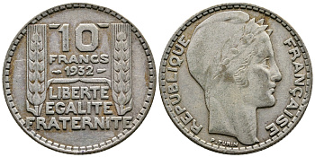 Франция 10 франков 1934 Пьер Тюрен KM 878, Le Franc 360.7 серебро 93-347