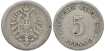 Германия 5 пфеннигов 1876 B, старогербовка KM 3, J. 3 медно-никель 51-3421